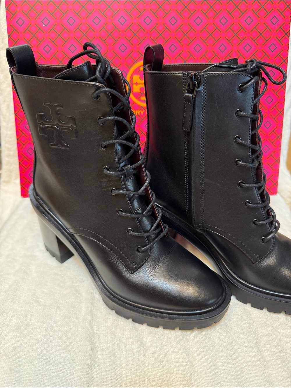 Tory Burch Double T Lug Black Leather Lace-Up Block Heel Boots